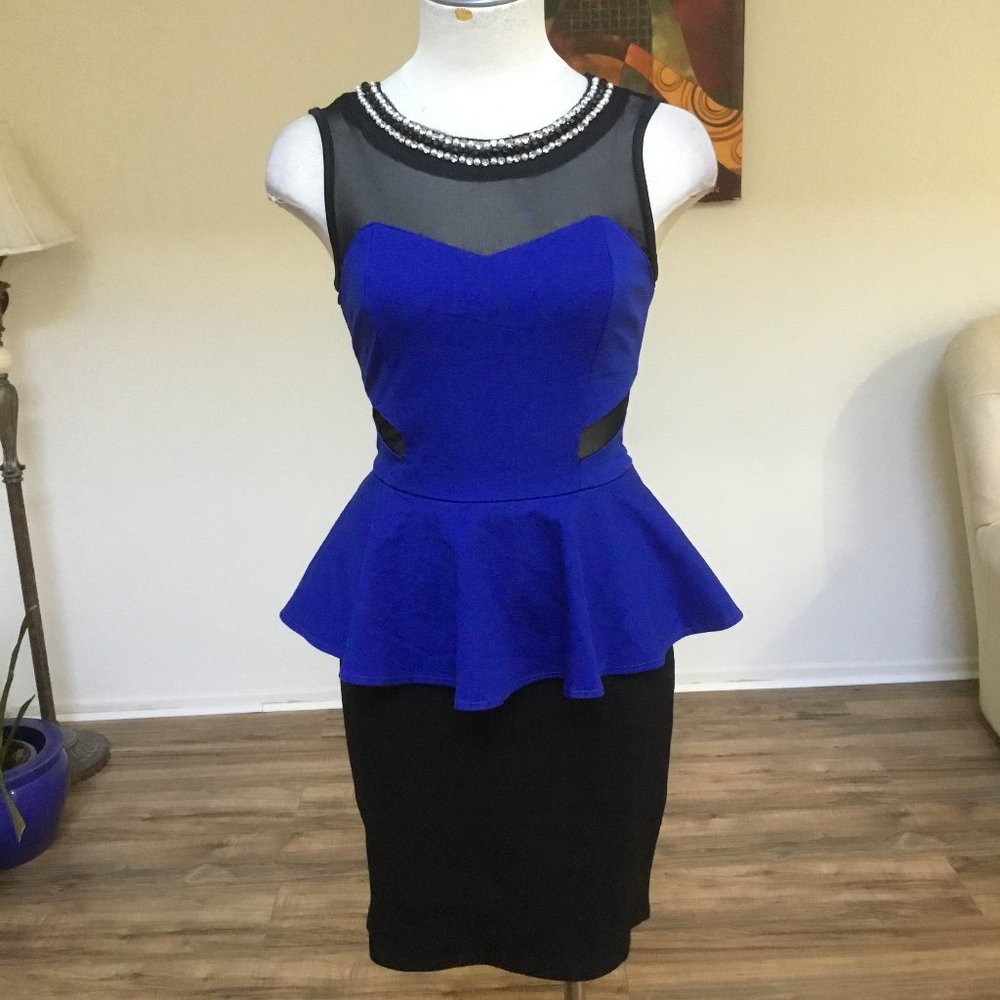 Casual Cocktail Illusion Neck Short Dress Peplum Flared Pearls Party Blue M